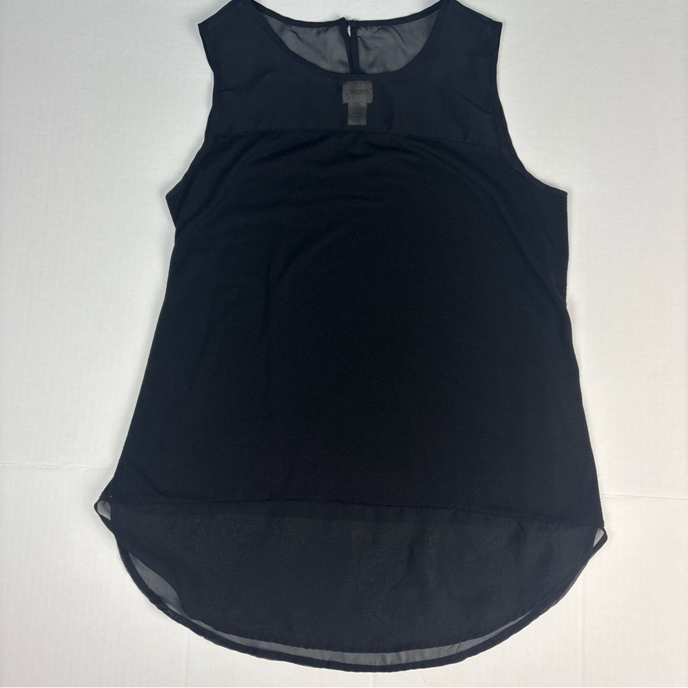 Chicos Women’s Size 1 Small Shirt Tank Black Sheer Panels Sleeveless Poly Blend